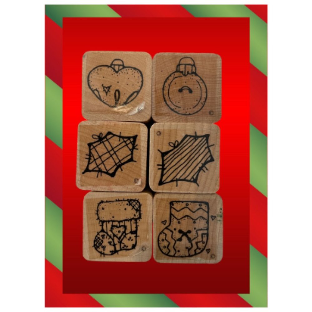 Christmas Assortment of Small Rubber Wood Block Stamps, Ornament Stamps, Holly L